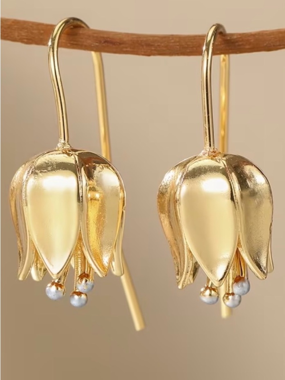 Gold Floral Drop Earrings with Pearl Accents